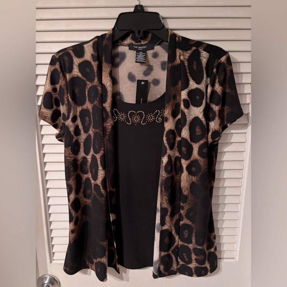 Liz McCoy  Black Tank w attached Leopard Print Short Sleeve Blouse SZ PM